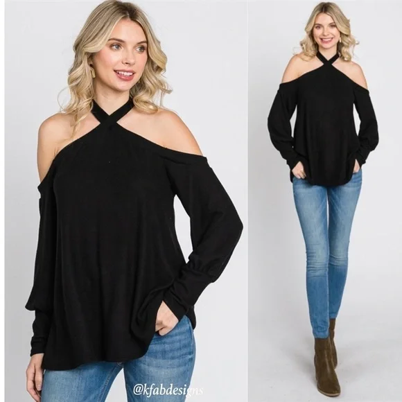 LAST 1! Super Soft Black Cross Neck Cold Shoulder Cuffed Sleeve Top - Picture 1 of 8